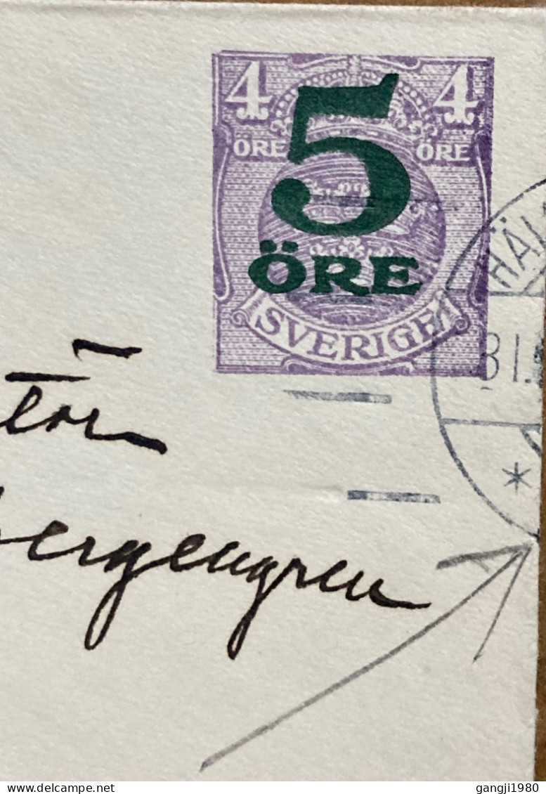 SWEDEN 1920, STATIONERY COVER, 5 ORE SURCHARGED ON 4 ORE, FLYING ANGEL VIGNETTE LABEL, HELSINGBORG CITY CANCEL - Lettres & Documents
