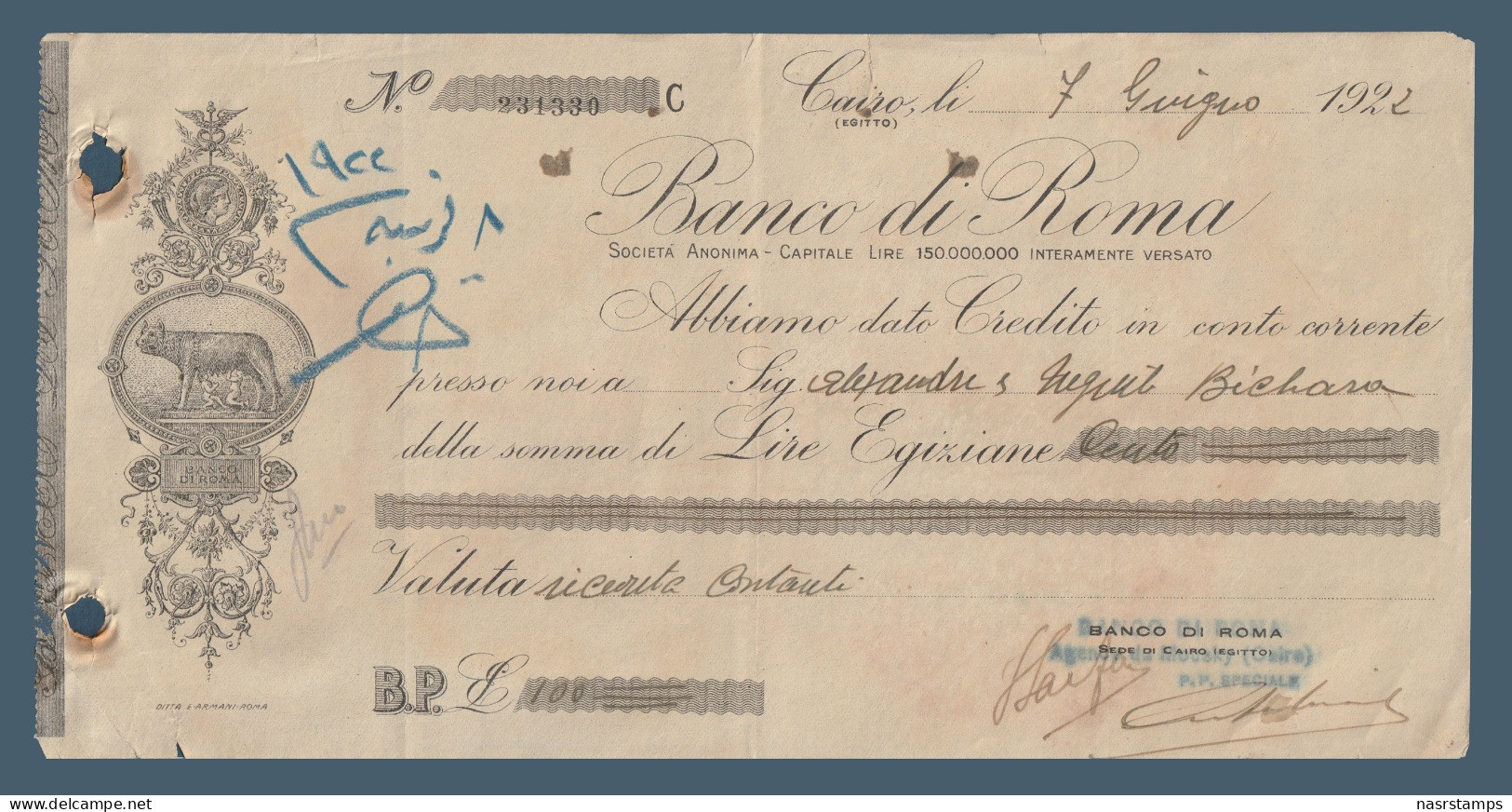 Egypt - 1922 - Vintage Check - ( Banco Di Roma - Cairo ) - Neufs