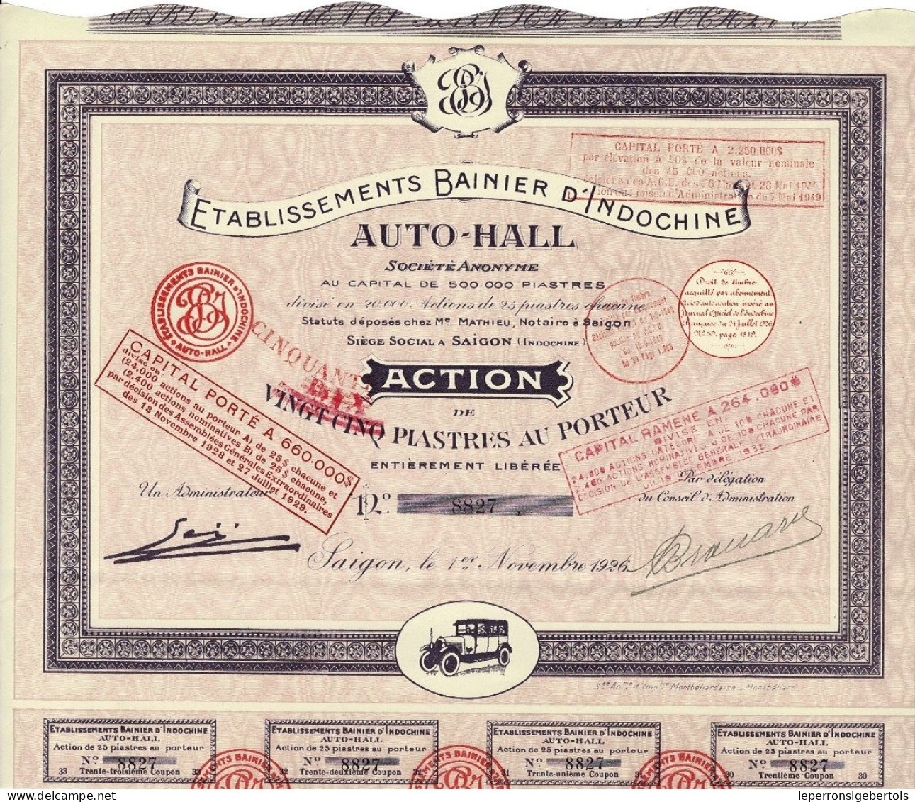 Titre De 1926 - Etablissements Bainier D'Indochine - Auto-Hall - - Automobilismo