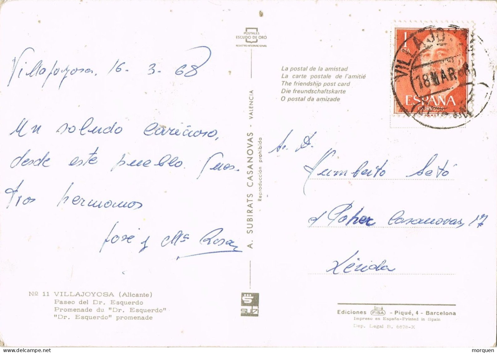 54677. Postal VILLAJOYOSA (Alicante) 1968. Vista Paseo Dr. Esquerro - Lettres & Documents