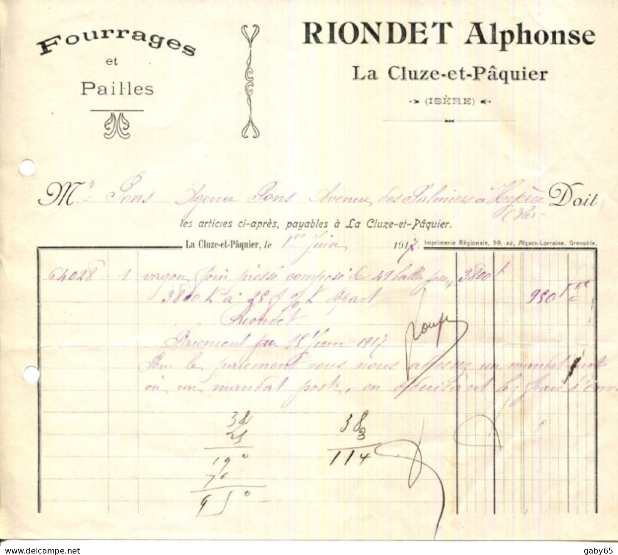 FACTURE.38.ISÈRE.LA CLUSE ET PÂQUIER.FOURRAGES & PAILLES.RIONDET ALPHONSE. - Landwirtschaft