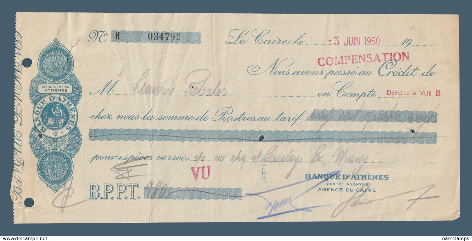 Egypt - 1950 - Vintage Check - ( Banque D'Athenes - Cairo ) - Assegni & Assegni Di Viaggio