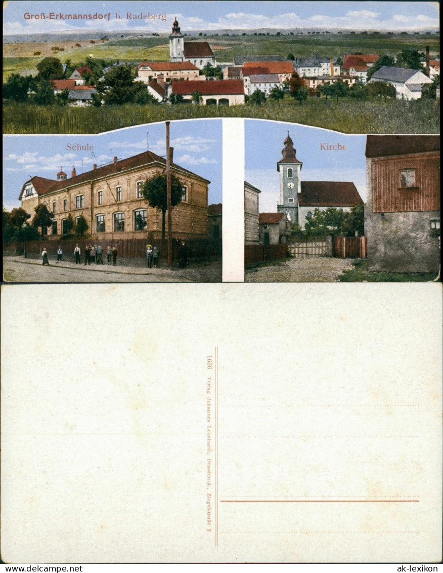 Ansichtskarte Großerkmannsdorf-Radeberg 3 Bild: Schule, Kirche, Stadt 1909  - Radeberg