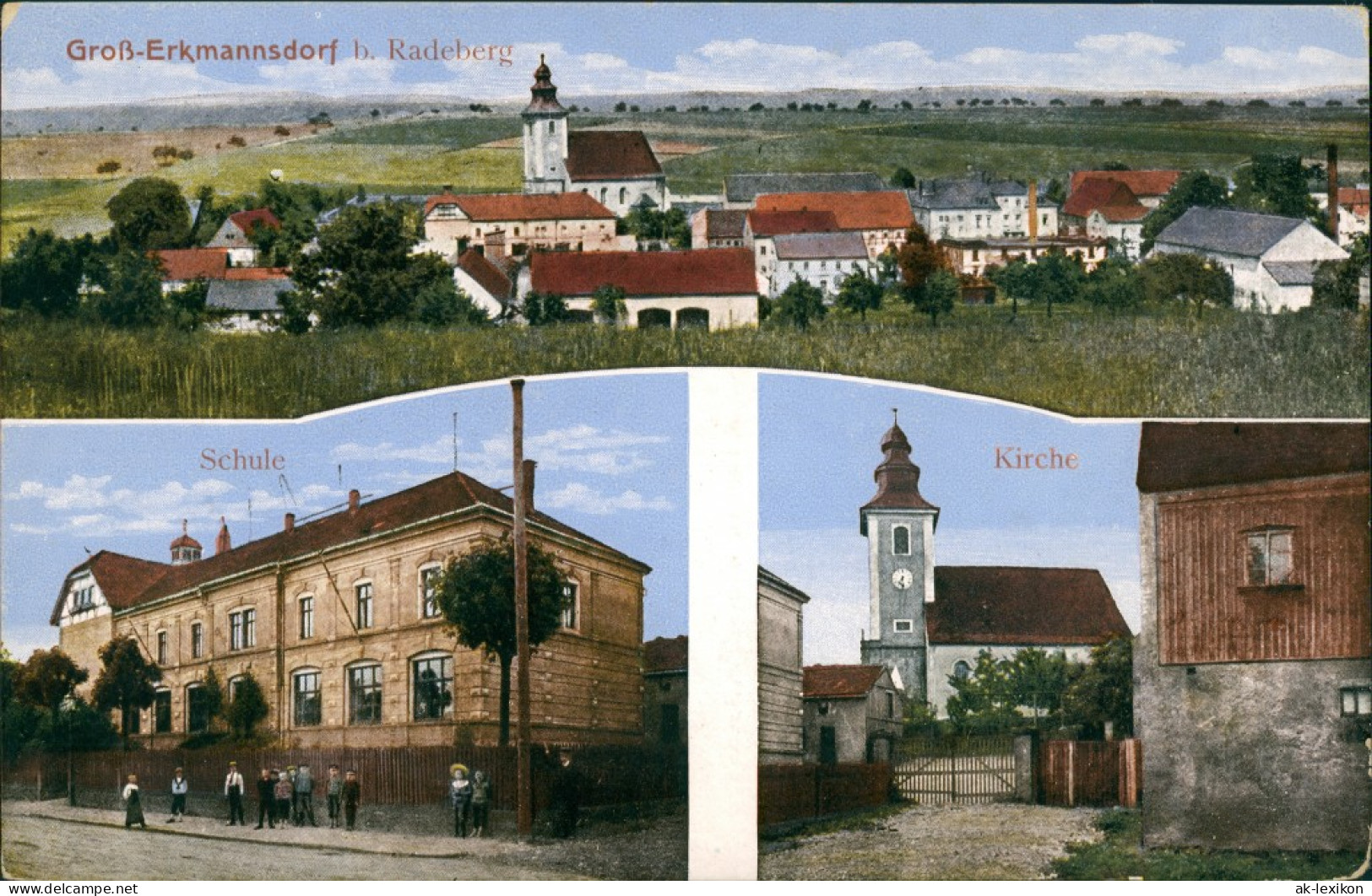 Ansichtskarte Großerkmannsdorf-Radeberg 3 Bild: Schule, Kirche, Stadt 1909  - Radeberg