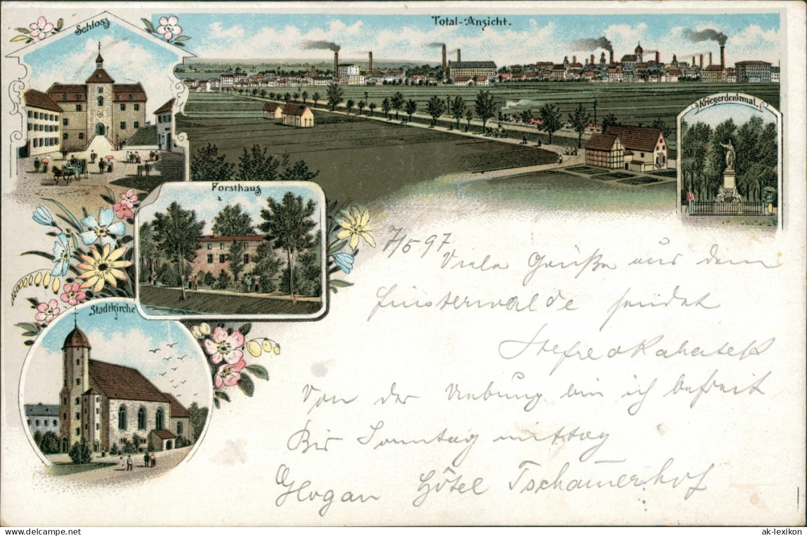 Finsterwalde Grabin Litho AK: Stadt, Fabriken, Forsthaus, Schloss 1897 Litho - Finsterwalde