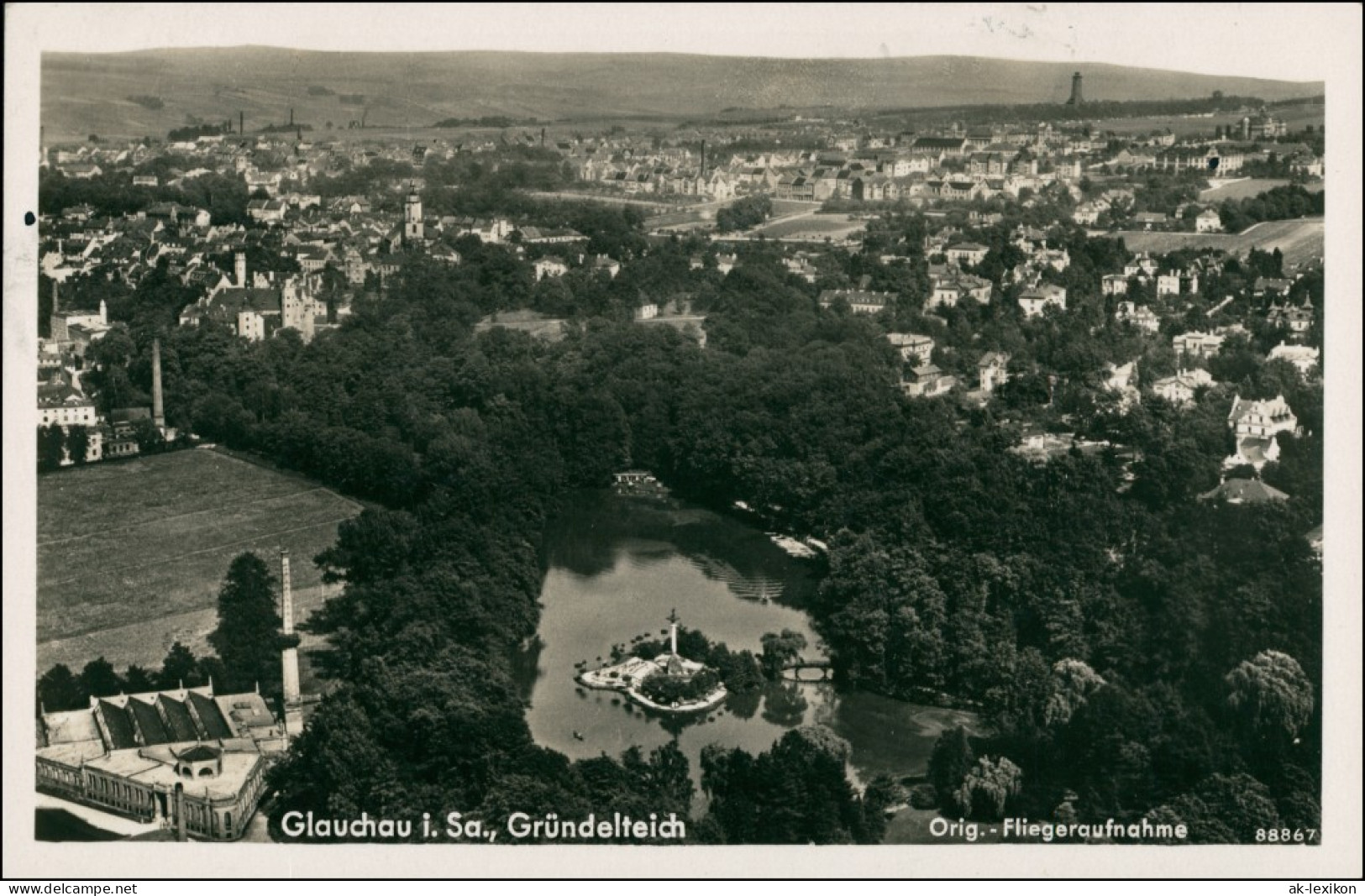 Ansichtskarte Glauchau Luftbild - Fabrik - Gründelteich 1934  - Glauchau