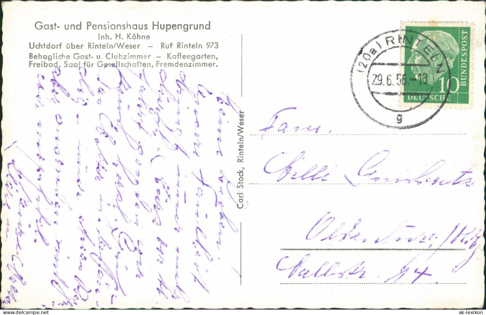 Ansichtskarte Rinteln Gast.- Und Pensionshaus Hupengrund Clubzimmer 1956  - Rinteln