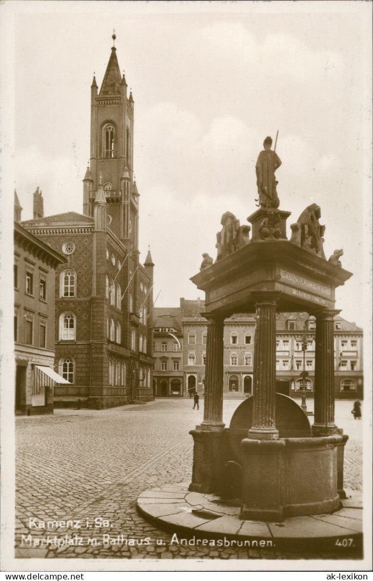 Ansichtskarte Kamenz Kamjenc Marktplatz Mit Rathaus Und Andreasbrunnen 1929 - Kamenz