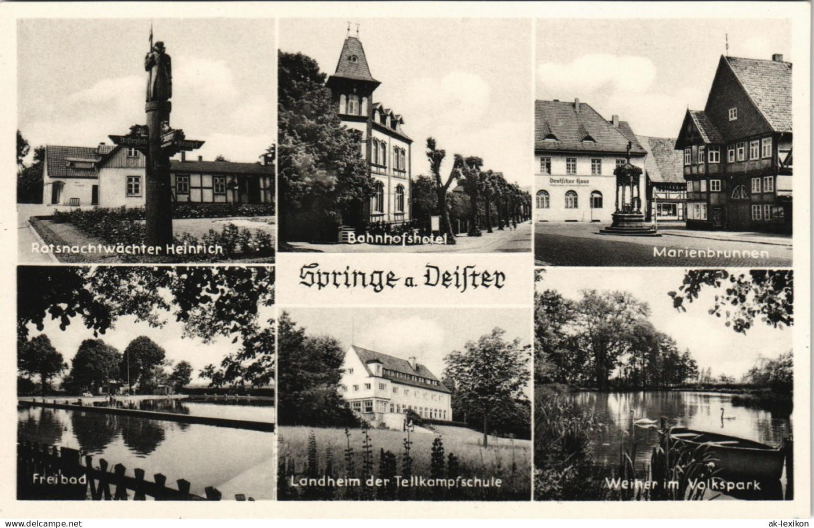 Springe Mehrbild-AK Deister Ort, Freibad, Kampfschule, Bahnhofs-Hotel 1950 - Springe