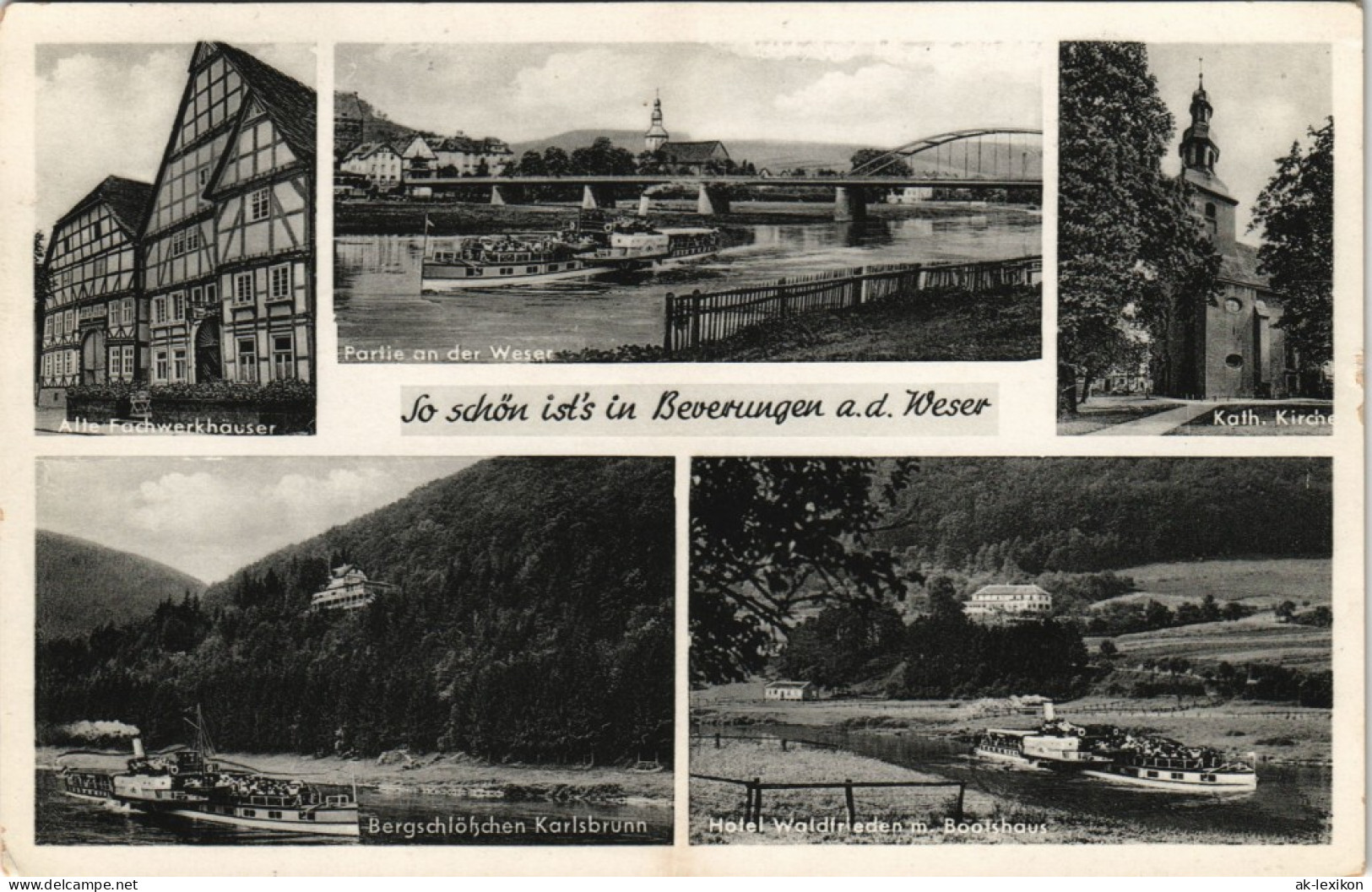 Beverungen Mehrbild-AK Fachwerkhäuser, Kirche, Weser Panorama 1930 - Beverungen