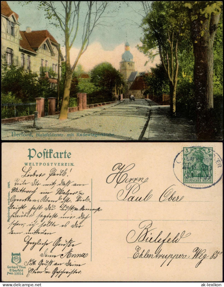 Herford Bielefelderstr. Mit Radewiegerkirche 1909(Bahnpoststempel Zug 20) - Herford