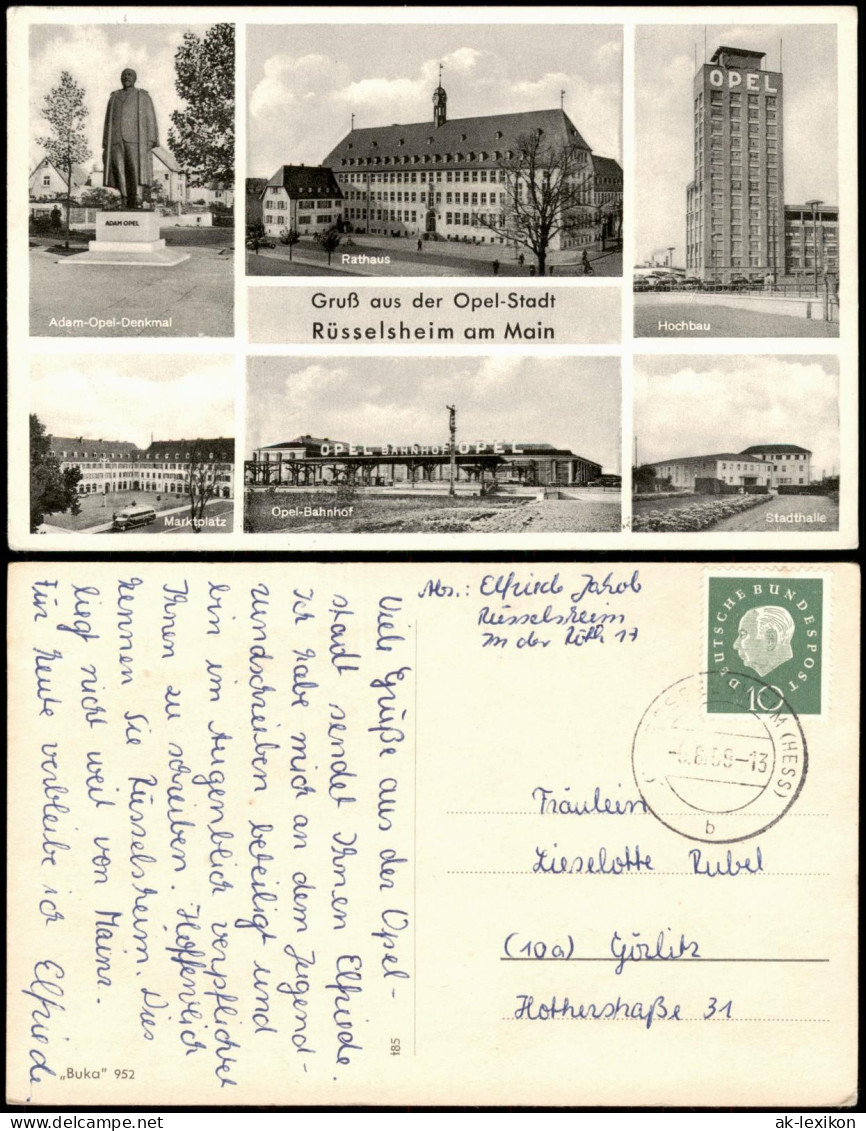 Ansichtskarte Rüsselsheim Adam Opel Denkmal, Hochhaus, Bahnhof 1959 - Rüsselsheim