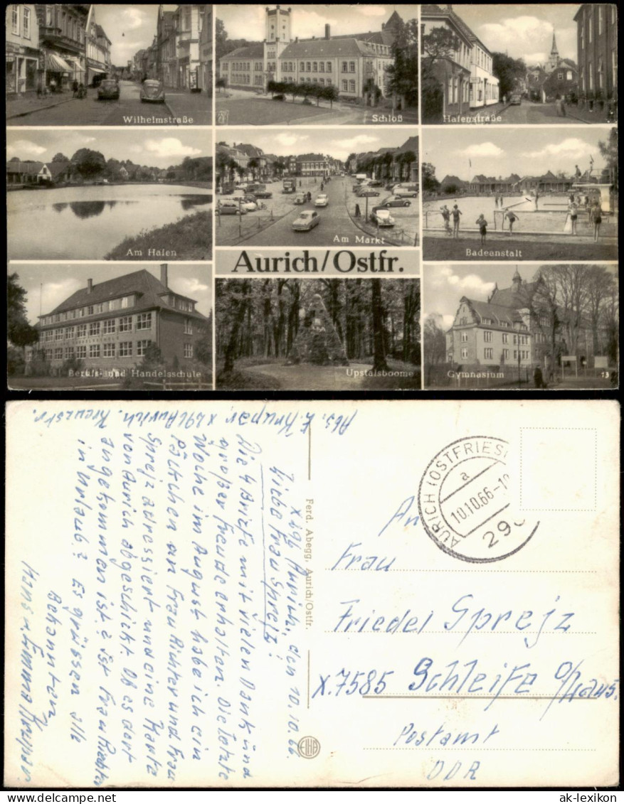 Aurich-Leer (Ostfriesland) Wilhelmstraße, Schwimmbad, Schule Uvm 1966 - Aurich