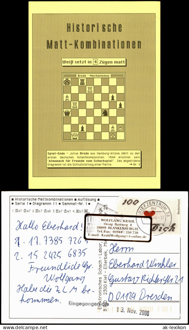 Schach Motivkarte Historische Matt-Kombination Sammelkarte Nr. 1 2000 - Contemporain (à Partir De 1950)