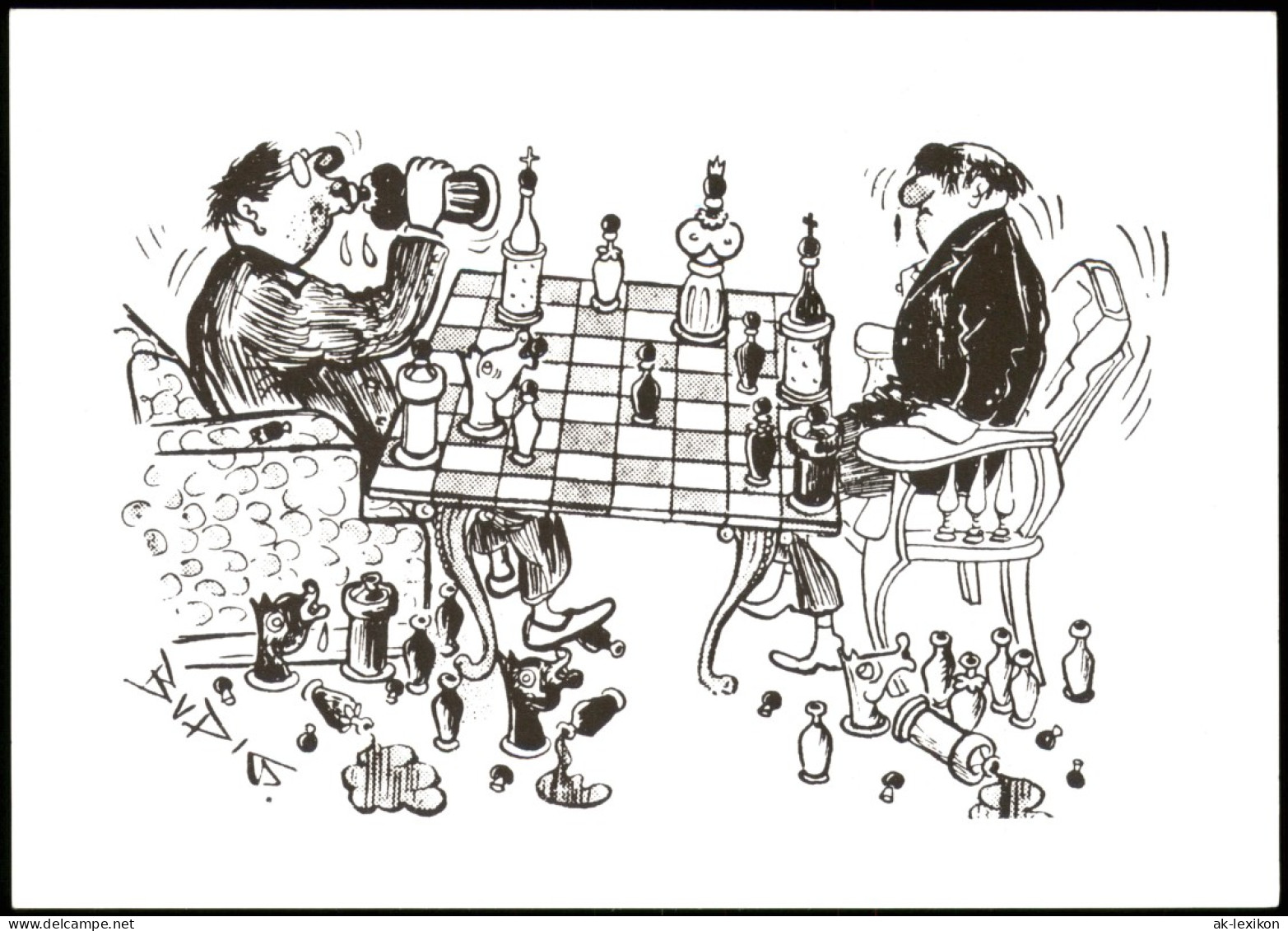 Schach (Chess) Motivkarte Illustration Mit "besoffenen" Spielern 1990 - Contemporain (à Partir De 1950)