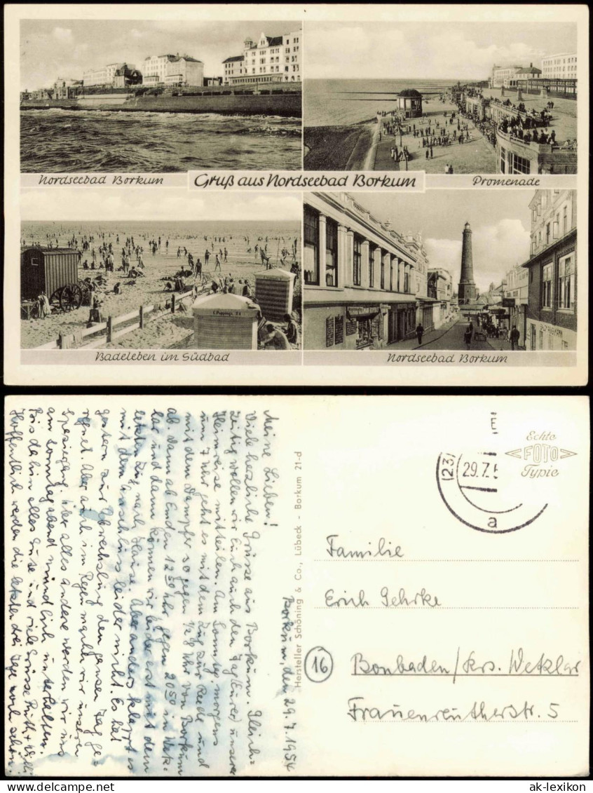 Ansichtskarte Borkum Promenade, Strand, Leuchtturm 1954 - Borkum
