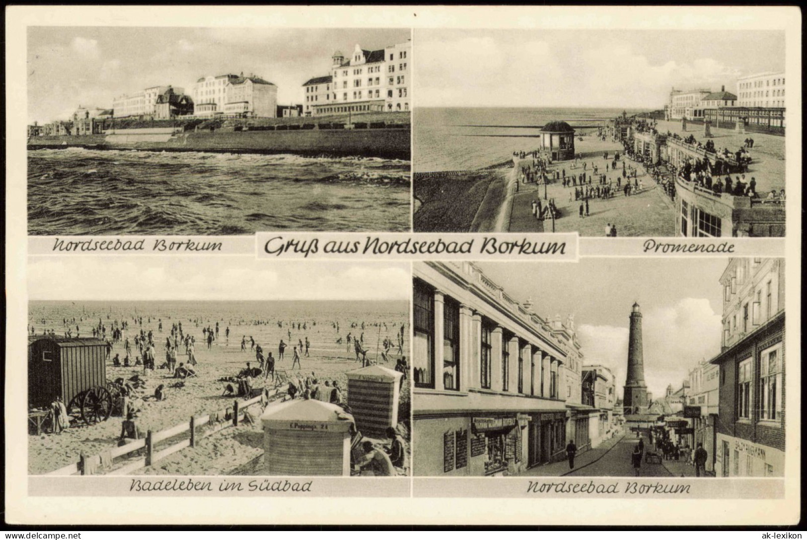Ansichtskarte Borkum Promenade, Strand, Leuchtturm 1954 - Borkum