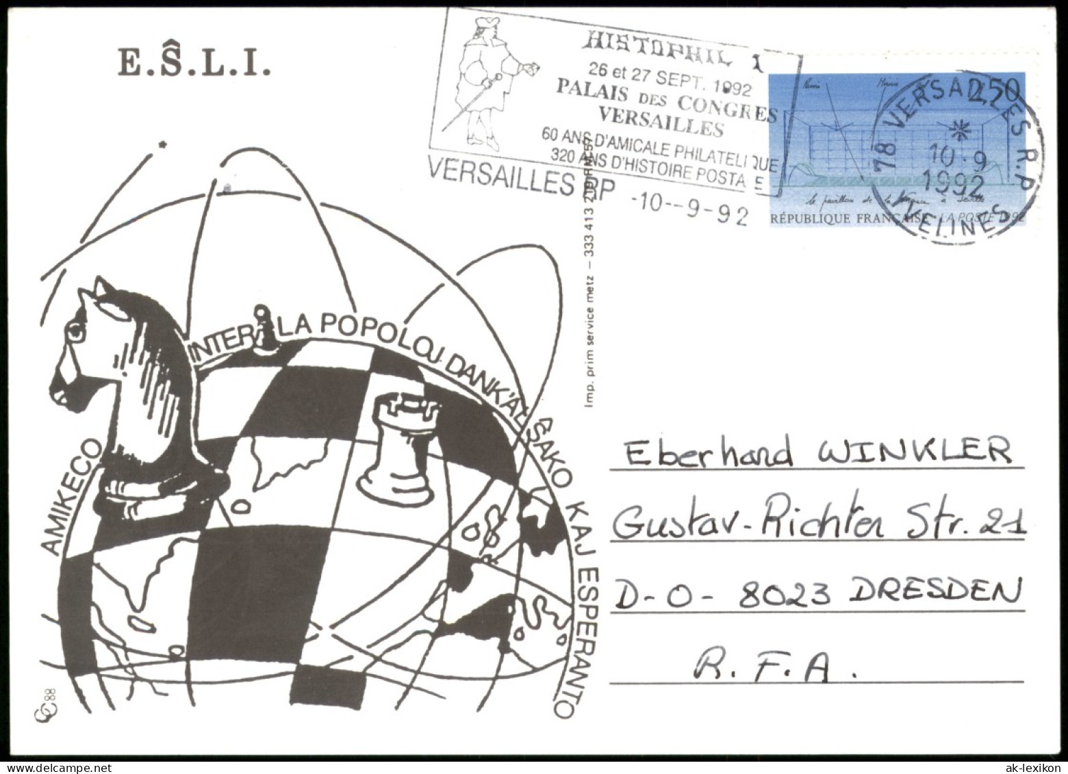 Ansichtskarte  Schach (Chess) Motivkarte Schachbrett Als Weltkugel 1992 - Contemporain (à Partir De 1950)