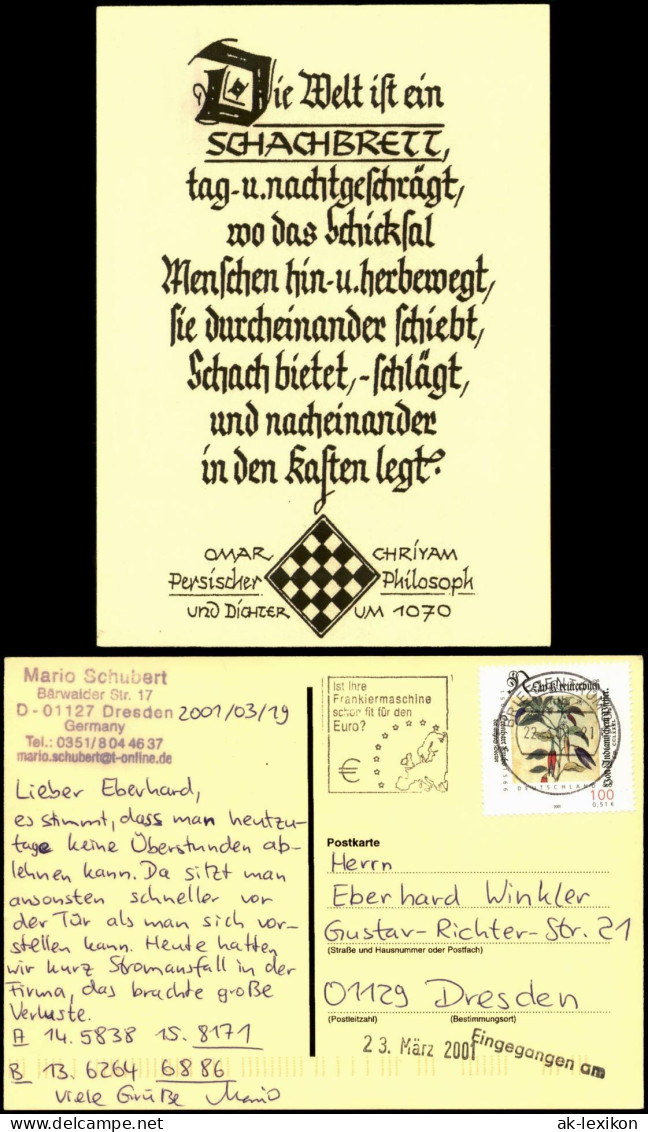 Schach (Chess) Motivkarte Schachbrettmuster Mit Versen Omar Chriyam 2001 - Contemporain (à Partir De 1950)