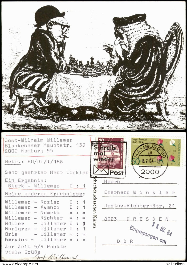 Schach (Chess) Motivkarte Schachspiel Schachspieler Künstler-AK 1984 - Contemporain (à Partir De 1950)