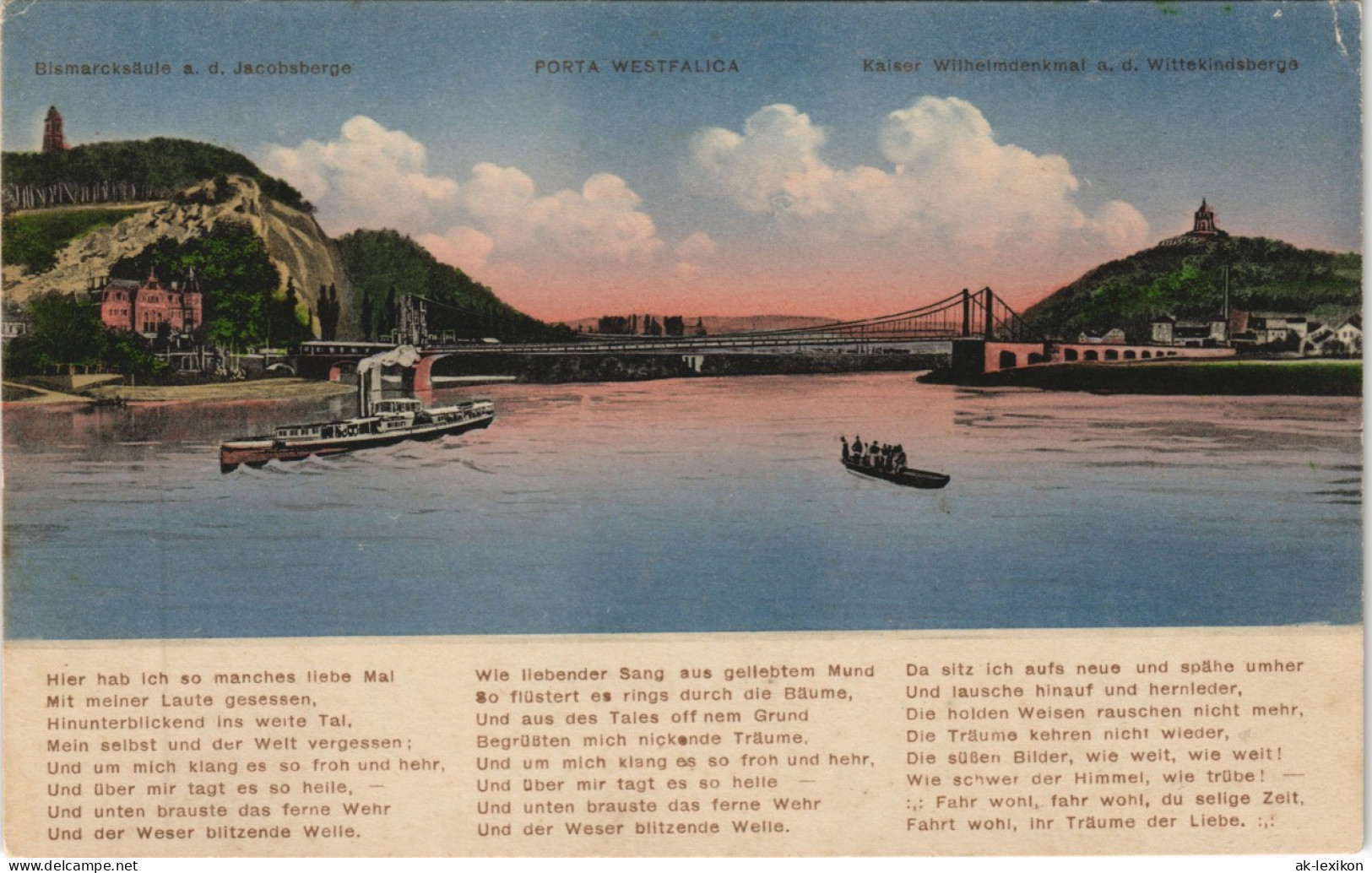 Ansichtskarte Porta Westfalica Blick Auf Denkmäler, Brücke Und Dampfer 1912 - Porta Westfalica