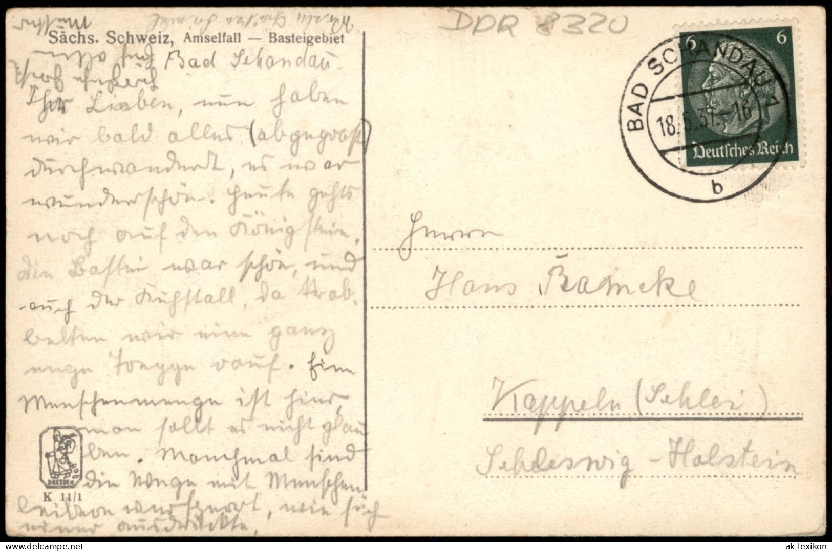 Ansichtskarte Rathen Amselfall  Elbsandsteingebirge 1937   Stempel BAD SCHANDAU - Rathen