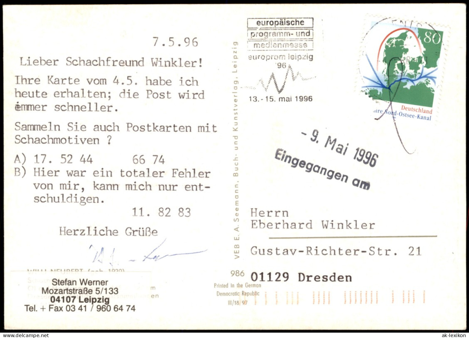 Schach Chess Motivkarte Mann Vor Schachbrett, Künstlerkarte 1996 - Contemporain (à Partir De 1950)