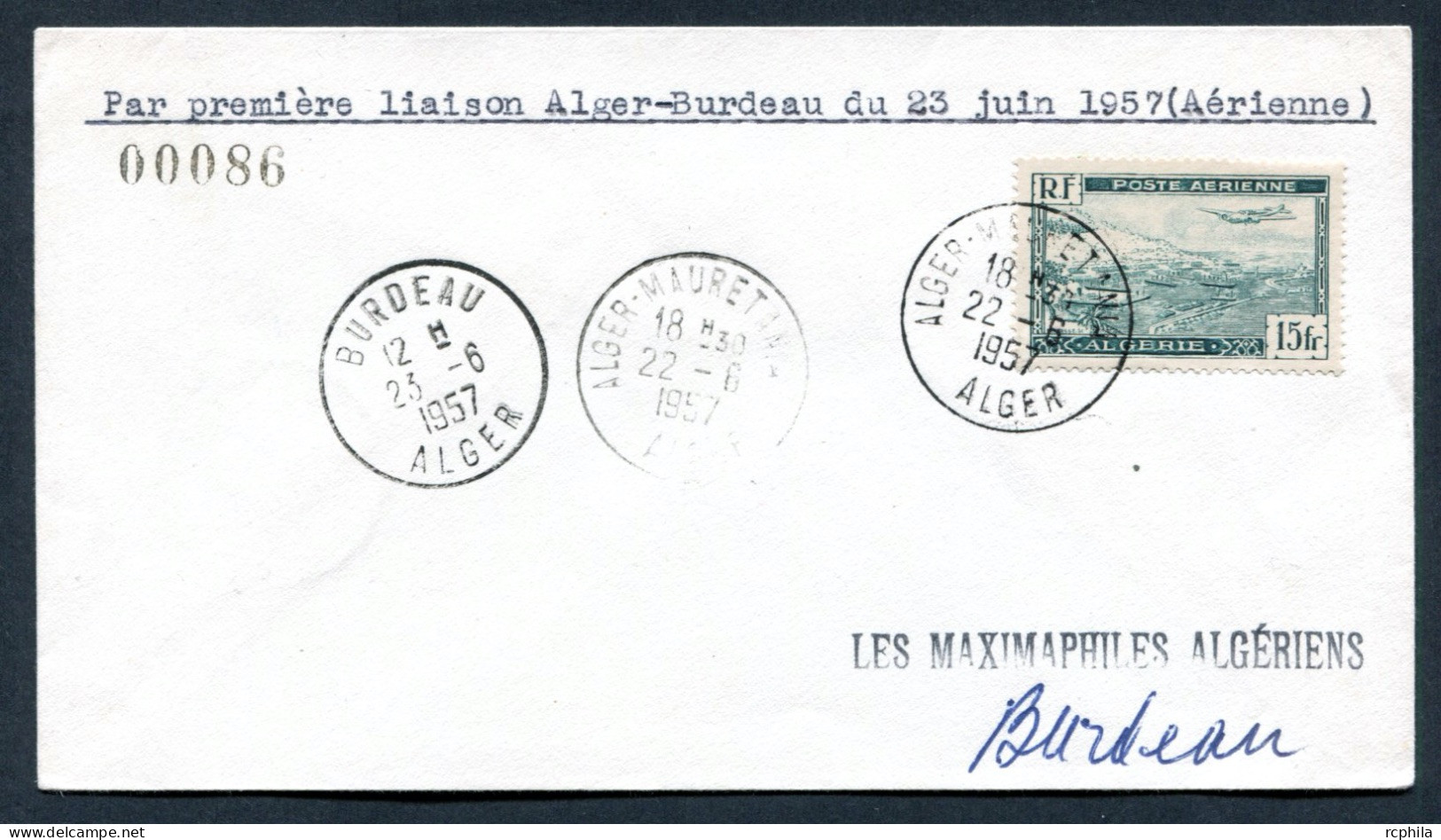 RC 27409 ALGERIE 1957 ALGER - BURDEAU 1er VOL FFC - TB - Cartas & Documentos