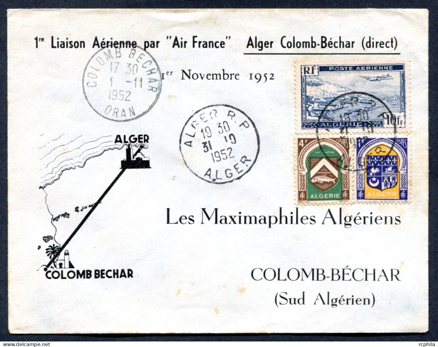 RC 27410 ALGERIE 1952 ALGER - COLOMB BECHARD DIRECT PAR AIR FRANCE 1er VOL FFC - TB - Lettres & Documents