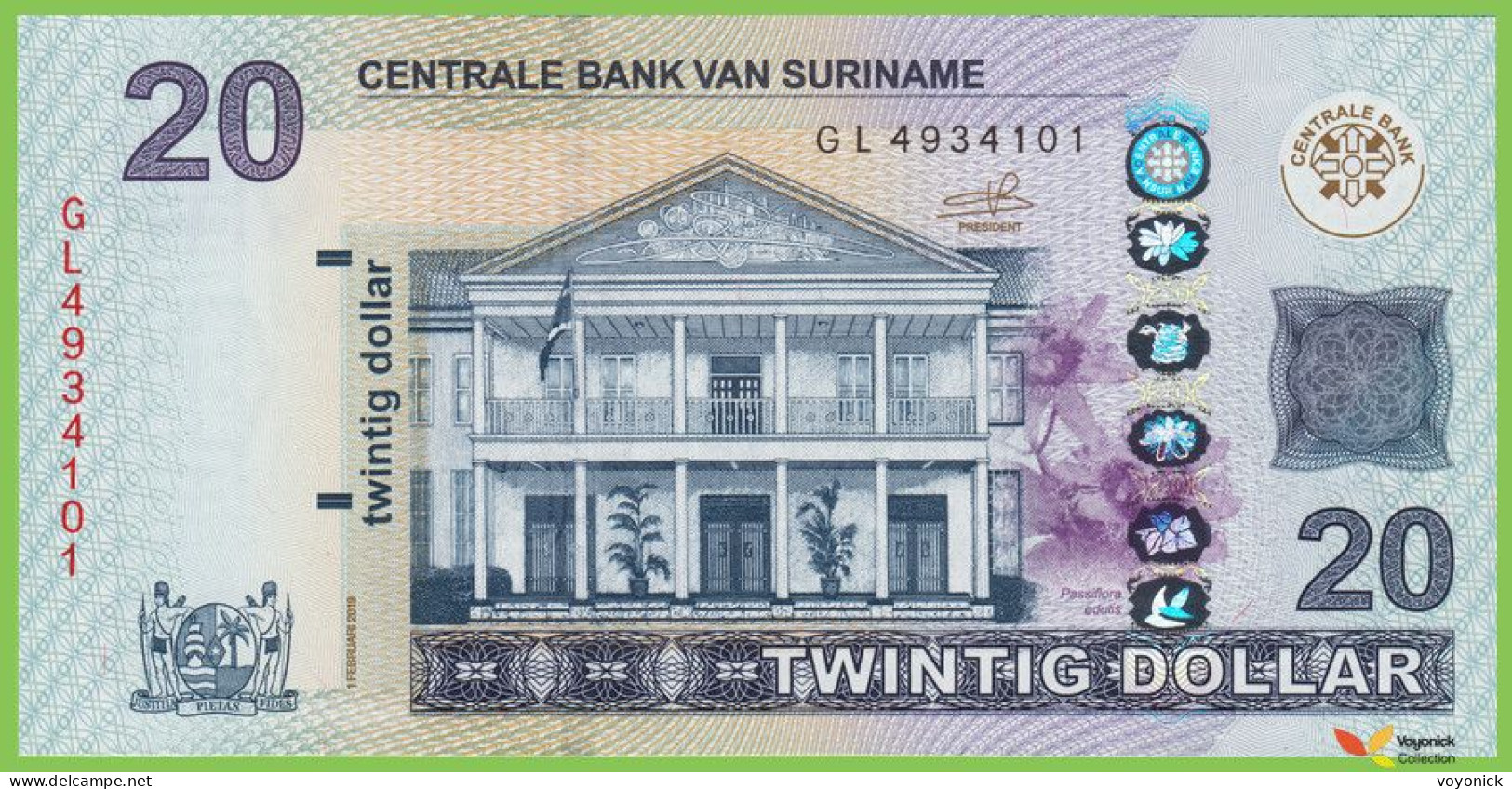 Voyo SURINAM 20 Dollar 2019 P164c B547c GL UNC - Surinam