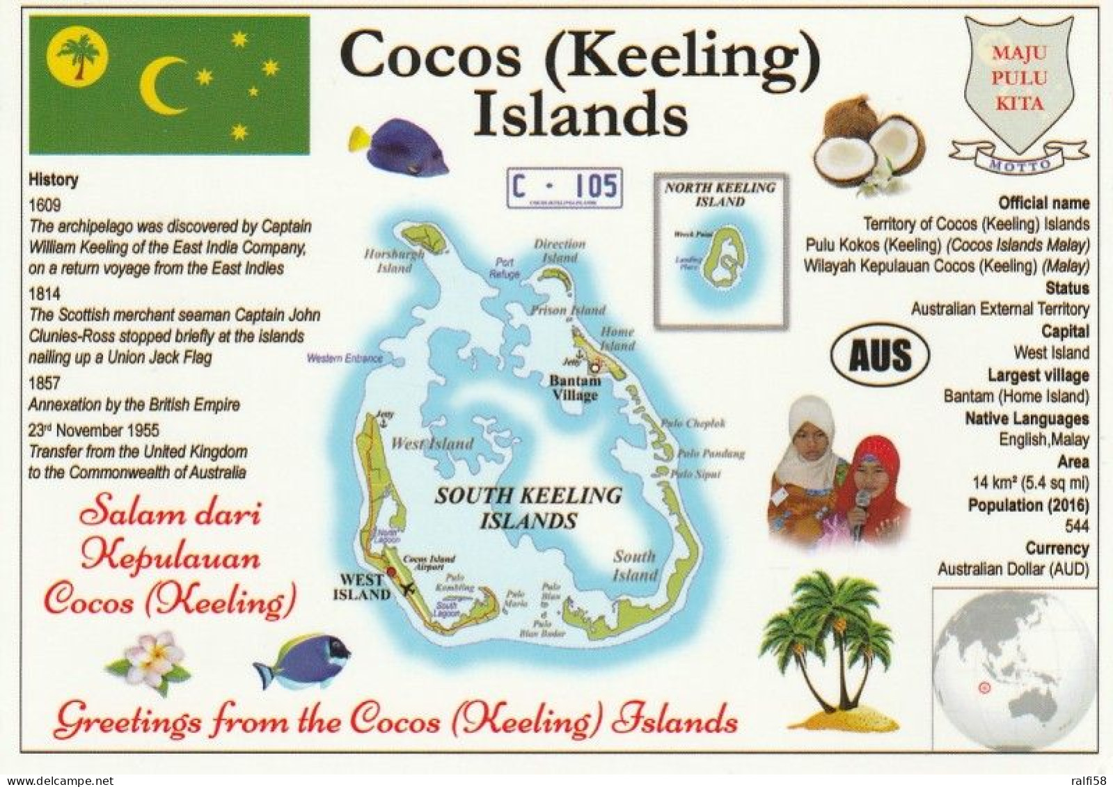 1 Map Of Cocos Islands * 1 Ansichtskarte Mit Der Landkarte Von Cocos Islands Mit Informationen Und Der Flagge Des Landes - Landkarten