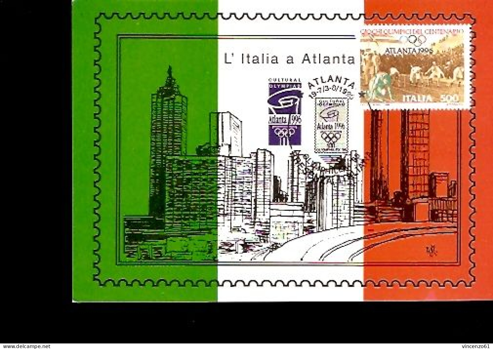 L'ITALIA AD ATLANTA CARTOLINA CON ANNULLO SPECIALE OLIMPHILEX 96 - Summer 1996: Atlanta