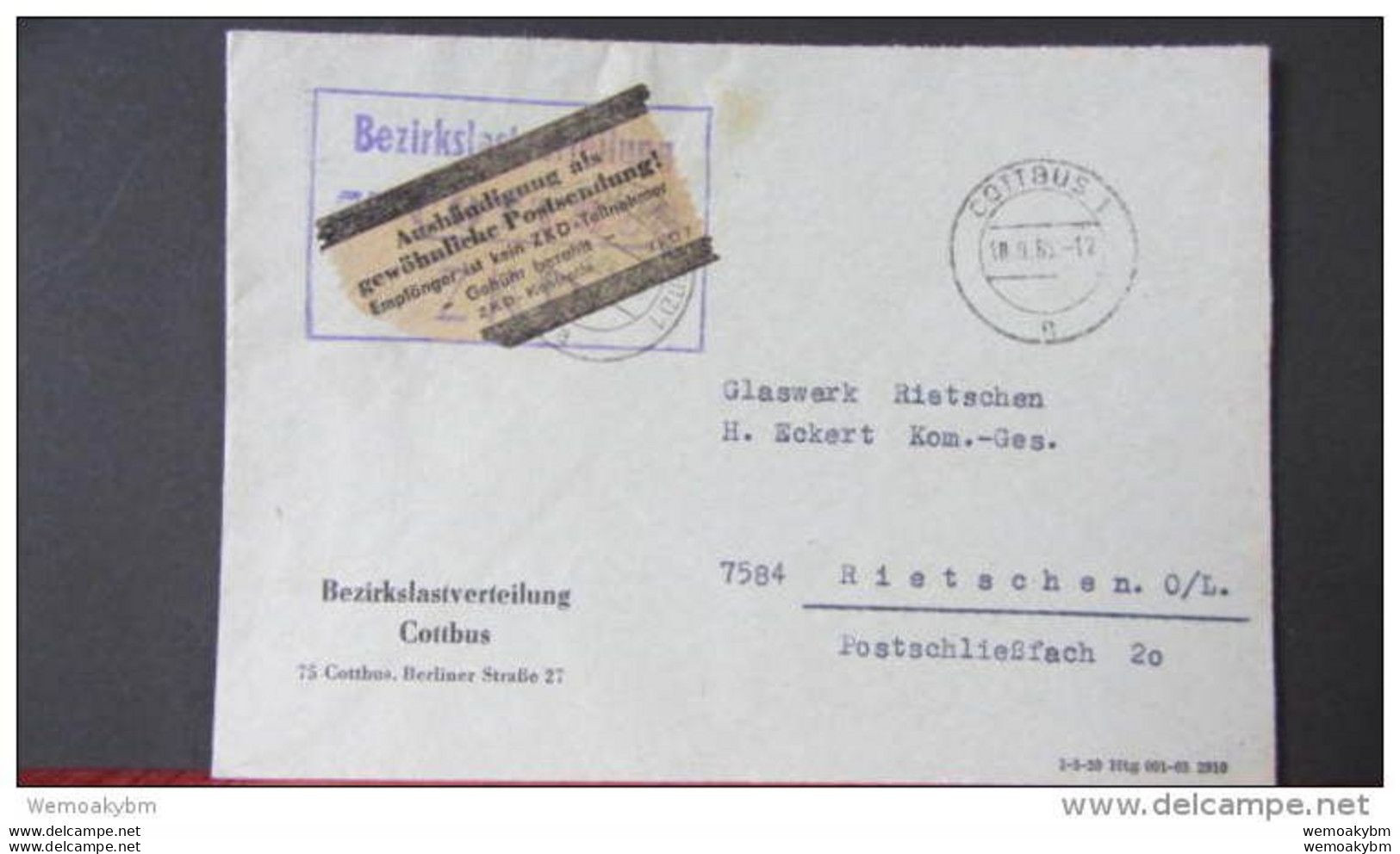 ZKD-Brief Mit Br. Aufkleber "Aushändigung Als Gewöhnliche Postsendung..." An VEB Der Erst 1967 Im ZKD- Cottbus V.18.9.65 - Storia Postale
