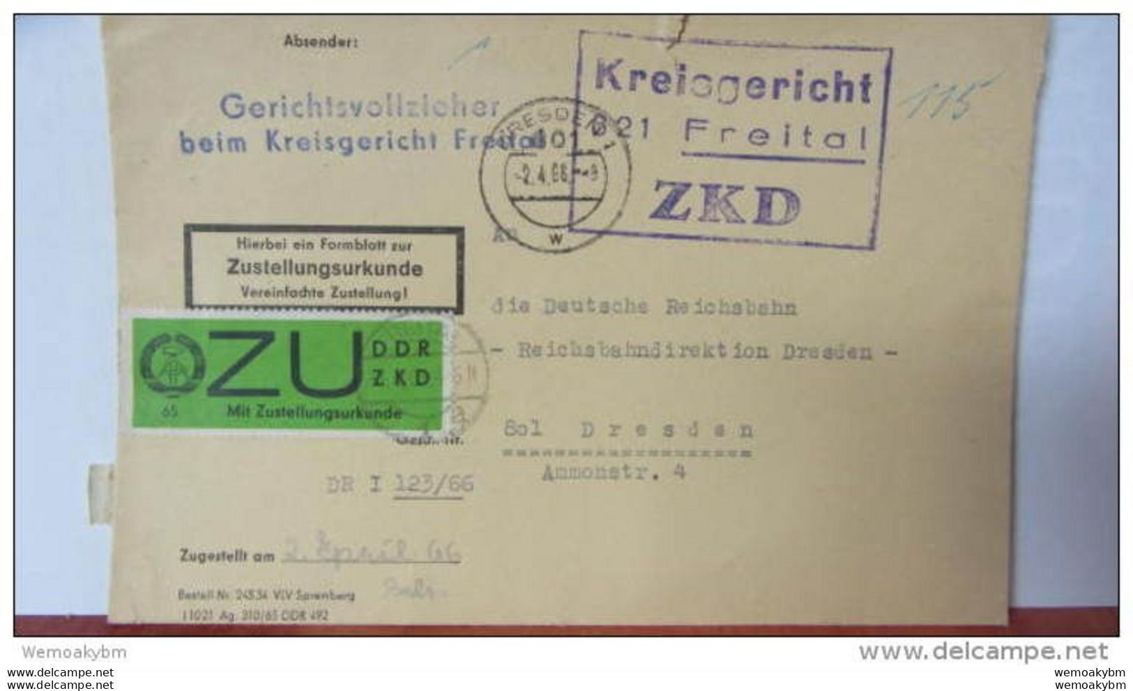 Dienst/ZKD: Brief Mit ZU-Marke Gewöhnl.Papier Mit KSt. Kreisgericht Freital Nach Dresden Vom 1.4.66 Knr: E 2x - Lettres & Documents