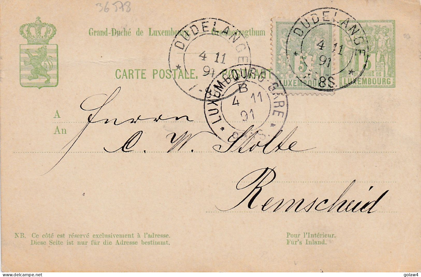 36578# ENTIER POSTAL + TIMBRE PERFORE S.D. STAHLWERK DÜDELINGEN PERFIN Obl DUDELANGE 1891 Pour REMSCHEID - 1882 Allégorie