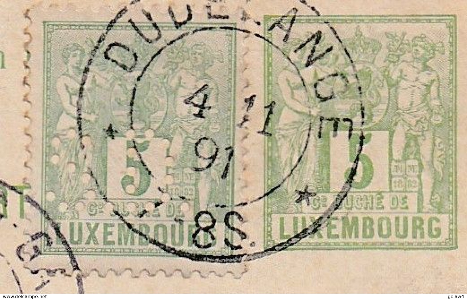 36578# ENTIER POSTAL + TIMBRE PERFORE S.D. STAHLWERK DÜDELINGEN PERFIN Obl DUDELANGE 1891 Pour REMSCHEID - 1882 Allégorie