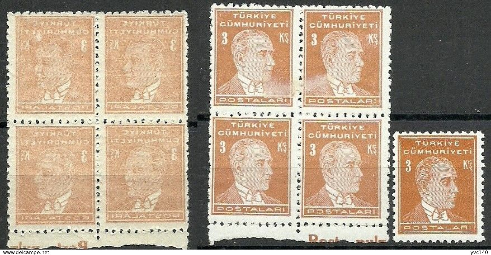 Turkey; 1936 3rd Ataturk Issue Stamps 3 K. "Abklatsch Error (Block Of 4) And Color Tone Variety (Single)" - Ongebruikt