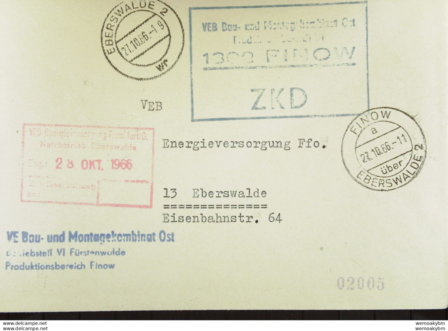 Fern-Brf Mit ZKD-Kastenstpl."VEB Bau- Und Montagekombinat Ost Produktionsbereich 11 1302 FINOW" 27.10.66 Nach Eberswalde - Storia Postale