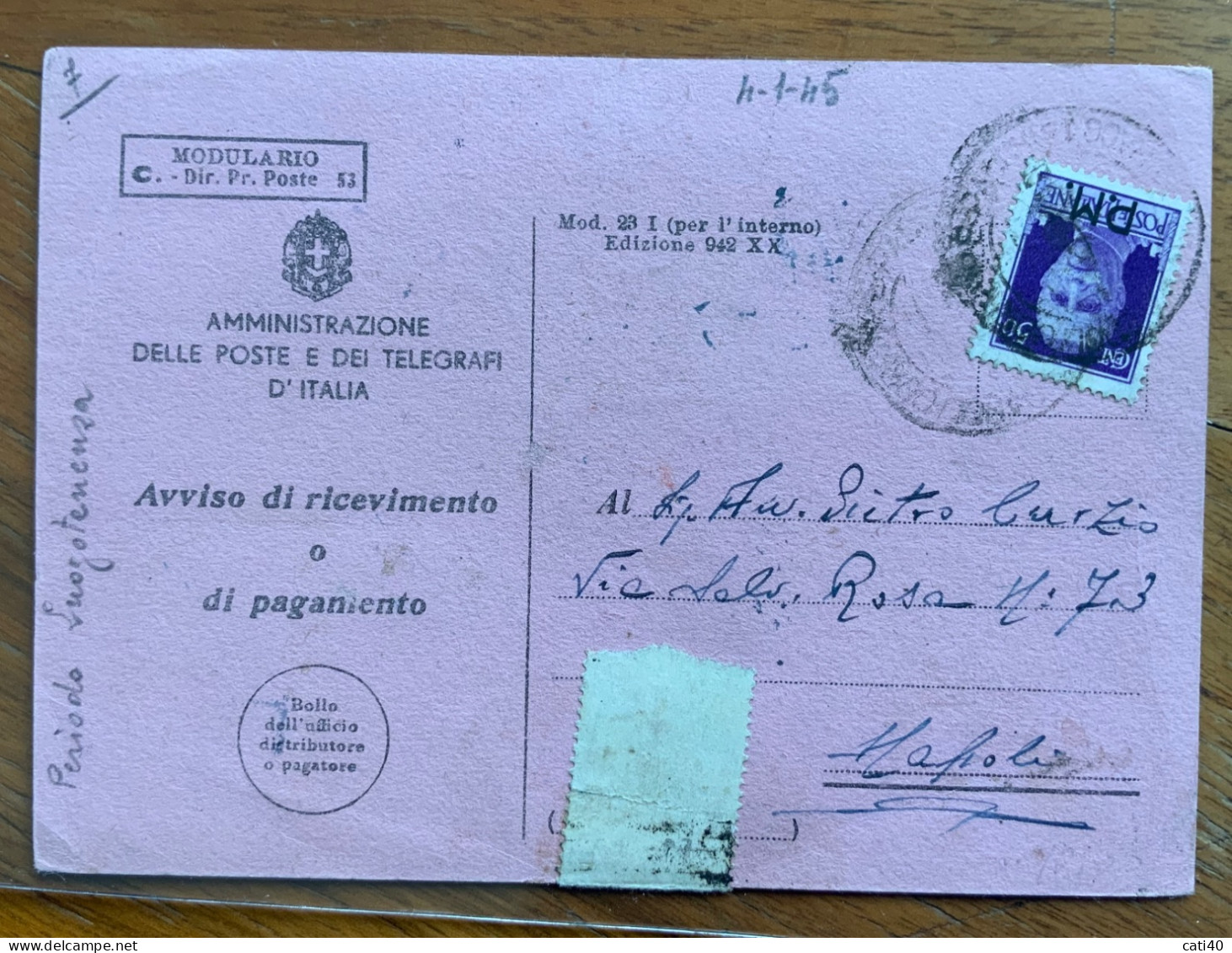 LUOGOTENENZA - IMPERIALE 50 C. P.M. Su R.R.  NAPOLI 4/ 1/ 45 - Poststempel