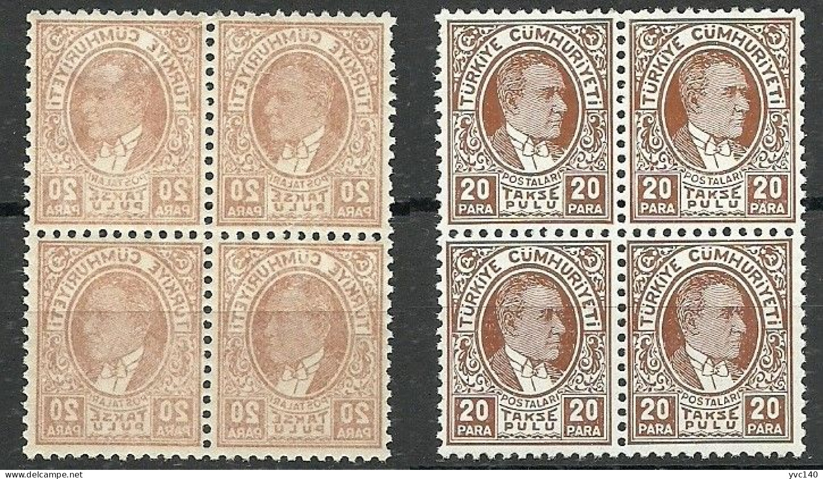 Turkey; 1936 Ataturk Postage Due Stamp 20 P. "Abklatsch Error" (Block Of 4) - Nuevos