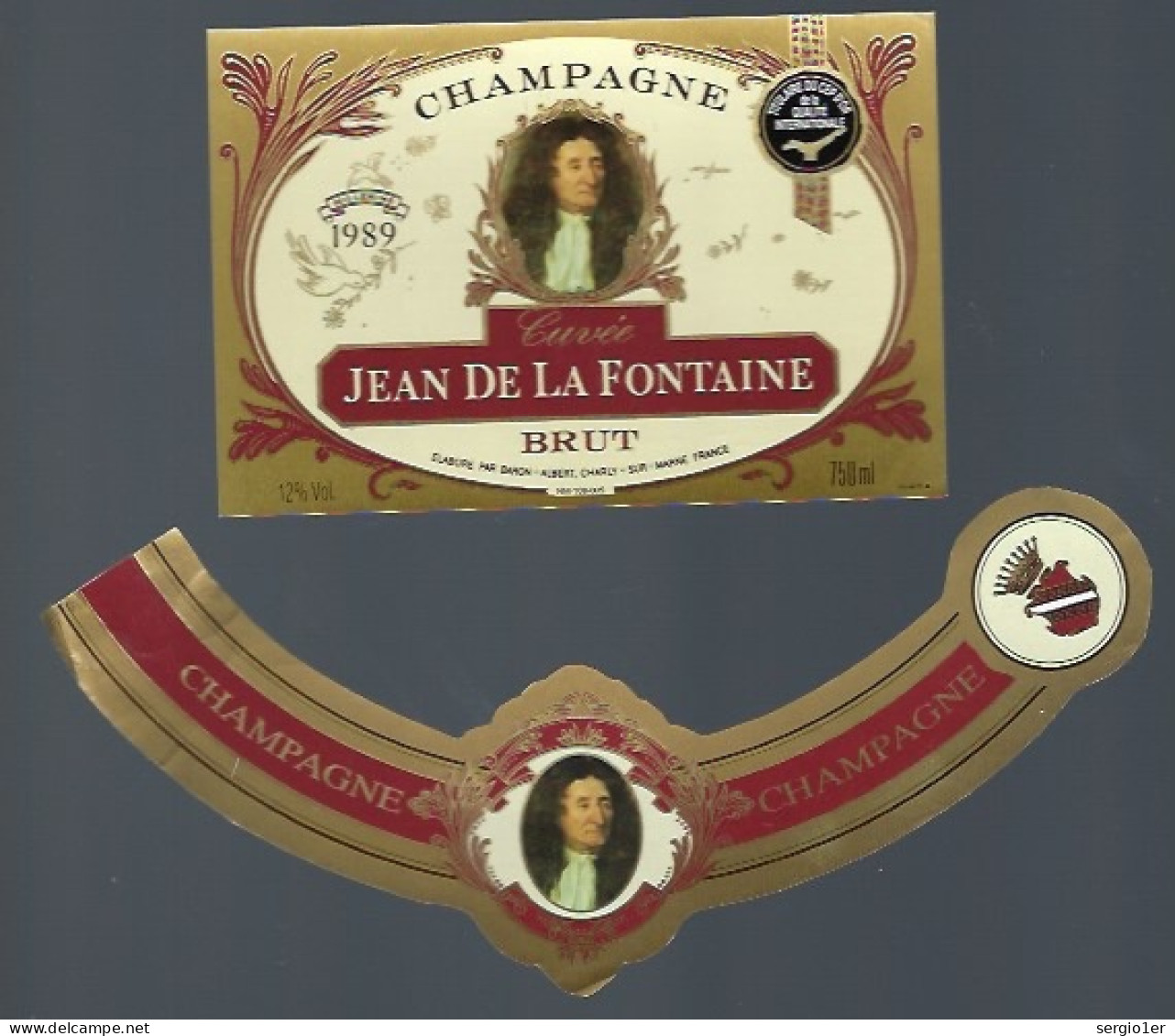 Etiquette Champagne  Brut  Millésimé 1989 Cuvée Jean De La Fontaine  Baron Albert Charly Sur Marne  Aisne 02 Avec Sa Col - Champan