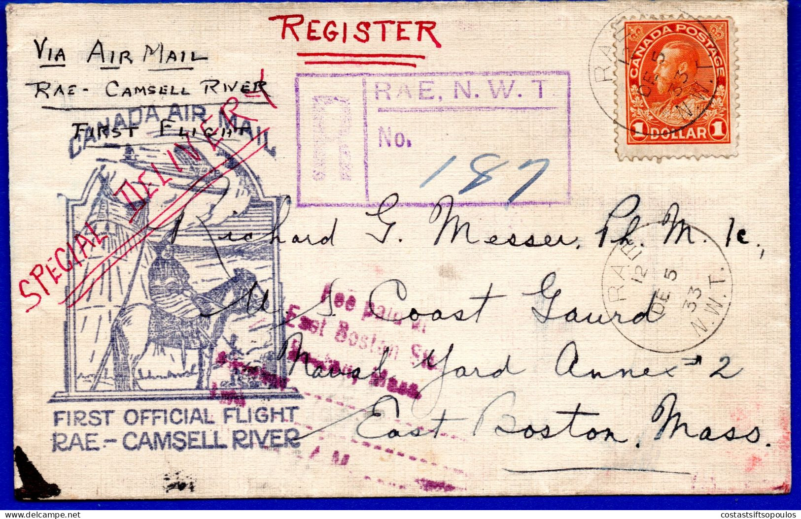 2856.CANADA POSTAL HISTORY, KING GEORGE V $ 1 #122 1933 COVER RAE-CAMSELL RIVER- EAST BOSTON. SCARCE - Primi Voli