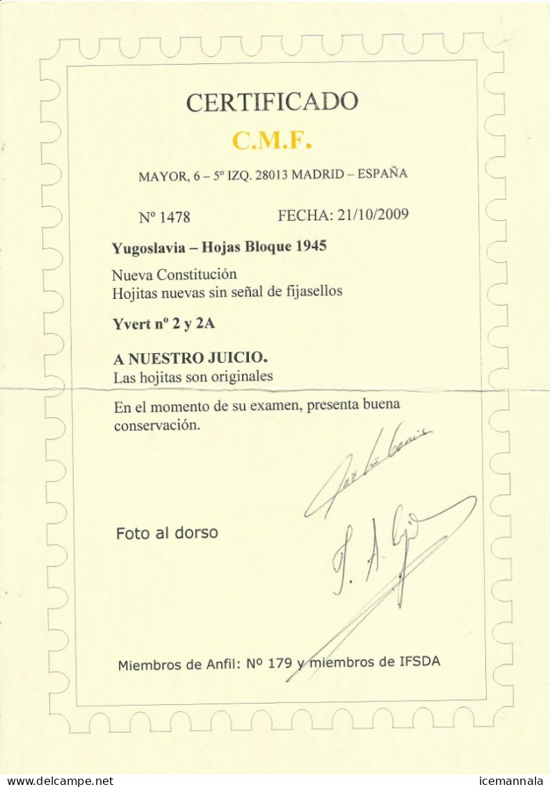 YUGOSLAVIA  YVERT  H/B  2 Y 2A  (CERTIFICADO  C.M.F.)   MNH  ** - Blocks & Sheetlets