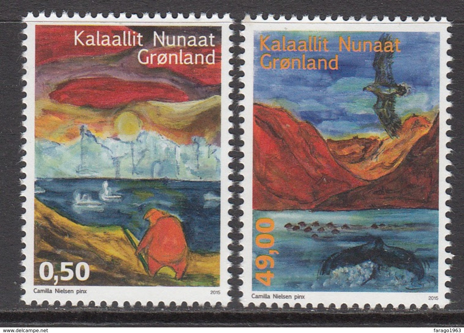 2015 Greenland Song Illustrations Music Whales Birds Complete Set Of 2 MNH @ 75% Face Value - Nuevos