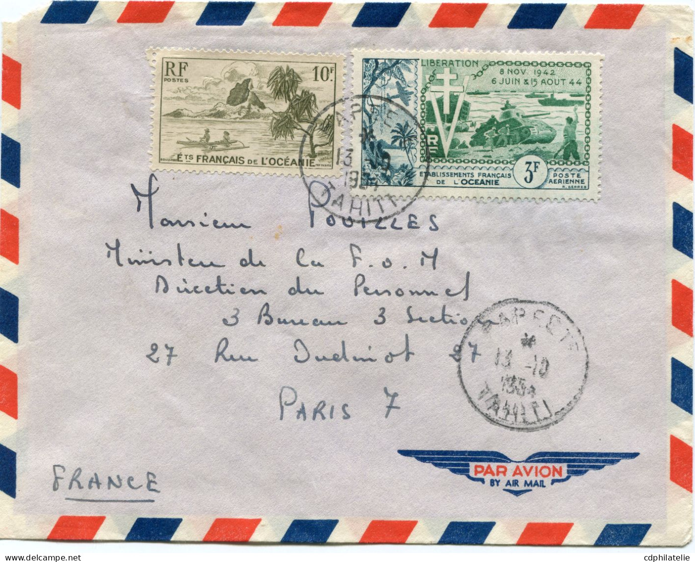 OCEANIE LETTRE PAR AVION DEPART PAPEETE 13-10-1954 TAHITI POUR LA FRANCE - Lettres & Documents