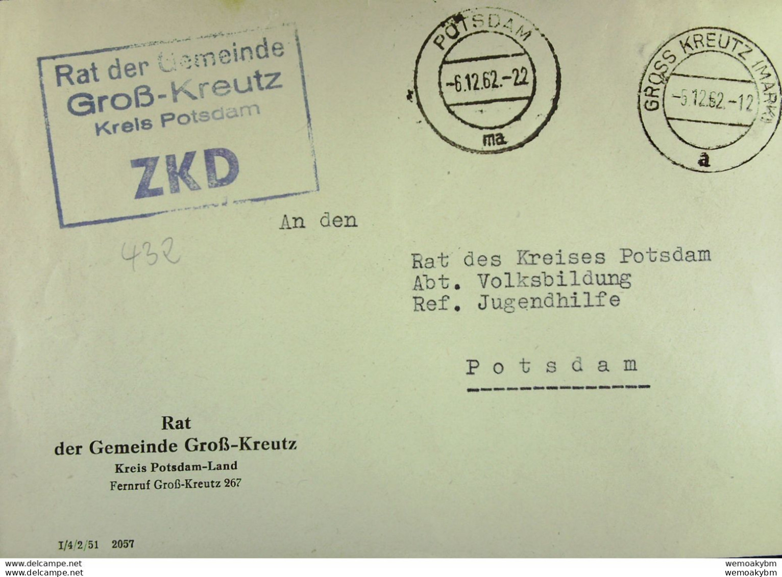 Fern-Brf Mit ZKD-Kastenstpl."Rat Der Gemeinde Groß-Kreutz Kreis Potsdam" GROSS KREUTZ (MARK) 5.12.62 Nach Potsdam - Storia Postale