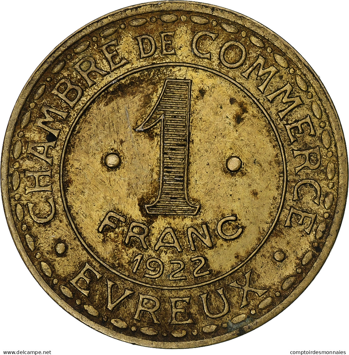 France, Chambre De Commerce D'Evreux, 1 Franc, 1922, TTB, Laiton - Monétaires / De Nécessité