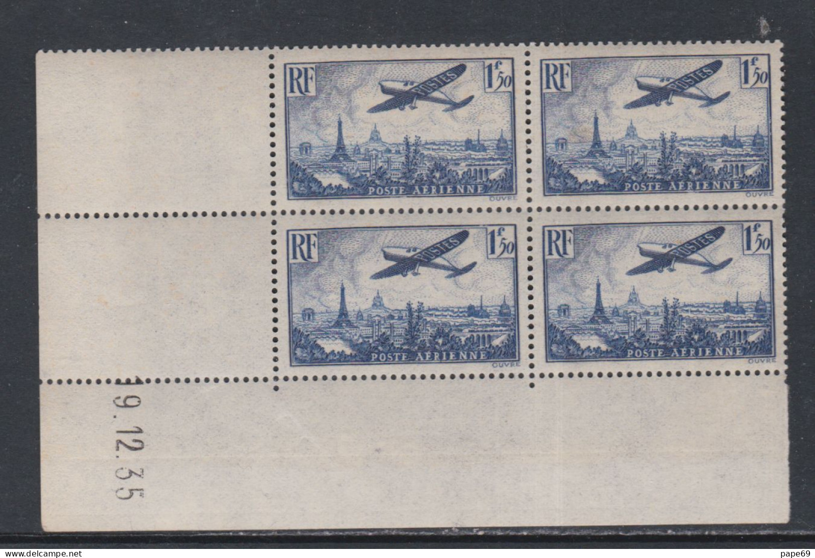 France P. A. N° 9 XX Avion Survolant Paris : 1 F. 50 Bleu En Bloc De 4 Coin Daté Du 19 . 12 . 35,  Sans Charnière, TB - Airmail