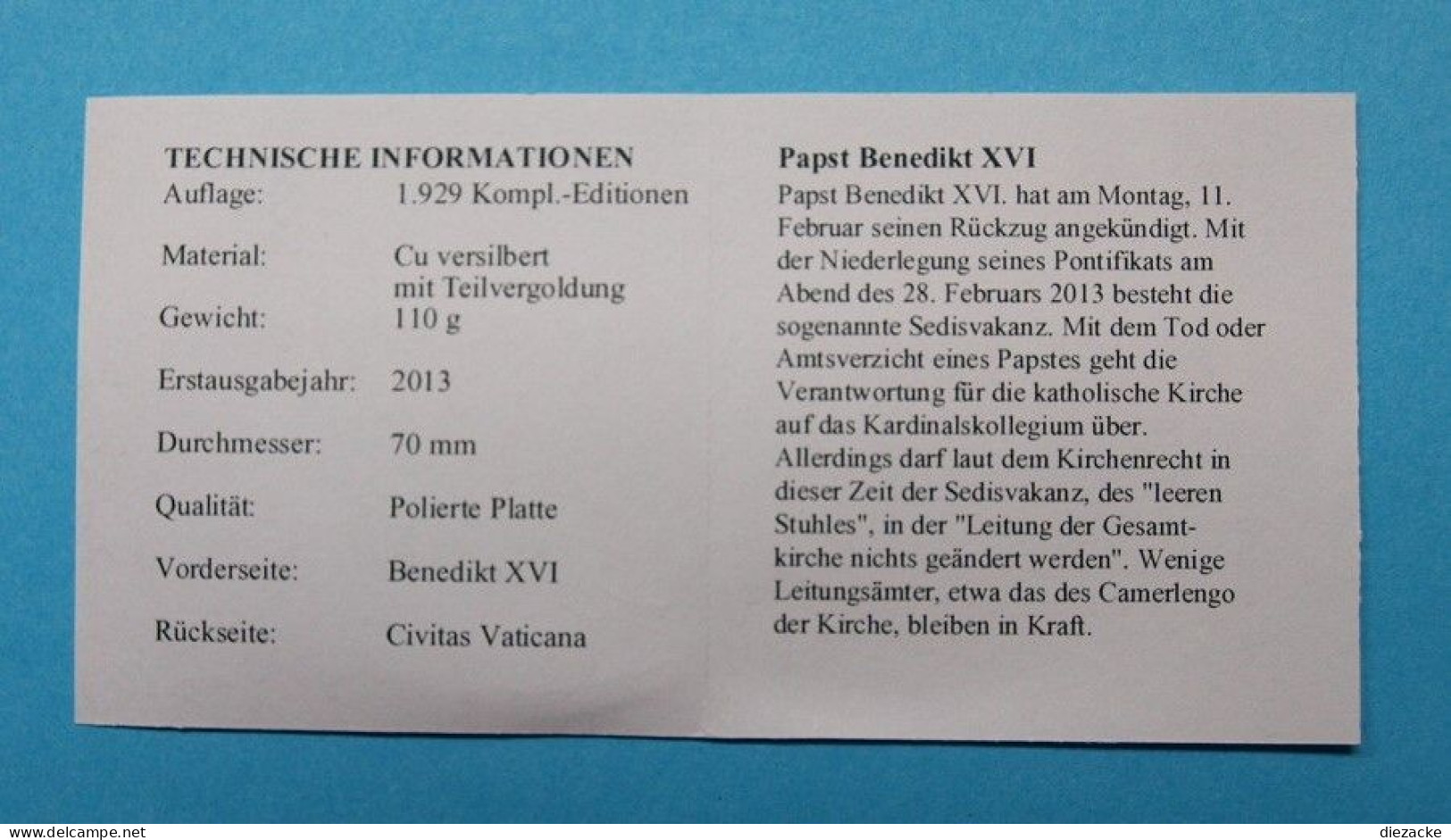 2013 Medaille Papst Benedikt XVI. Kupfer Versilbert, Teilvergoldet In PP (M3463 - Sin Clasificación