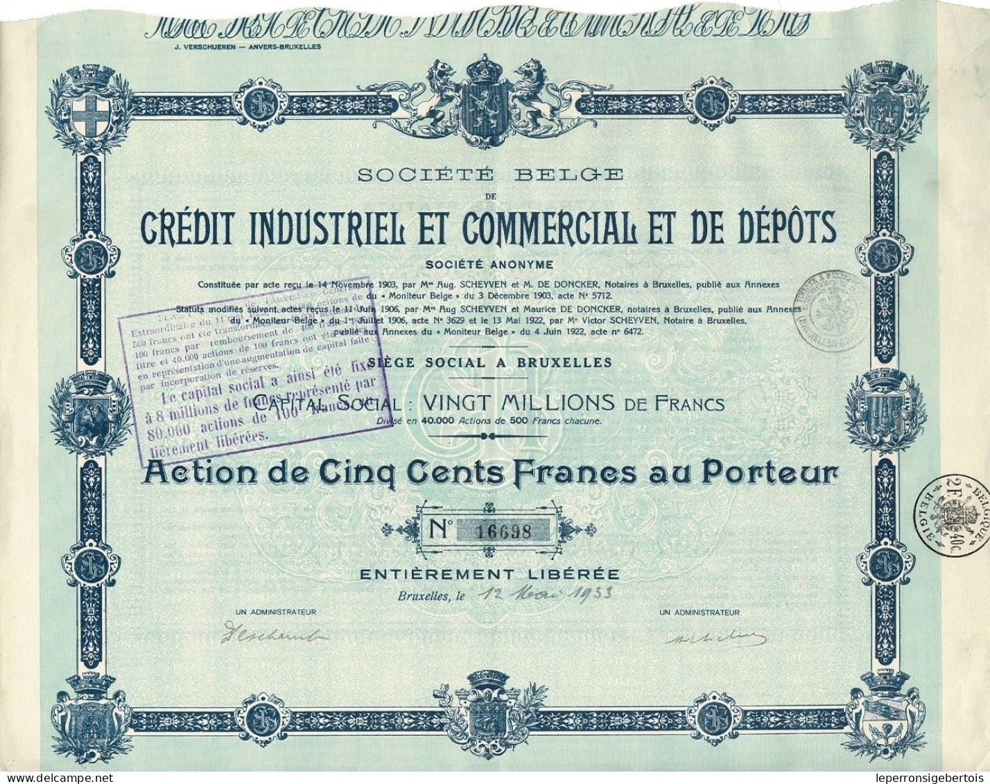 - Titre De 1933 - Société Belge De Crédit National Industriel Et Commercial Et De Dépôts - - Bank En Verzekering